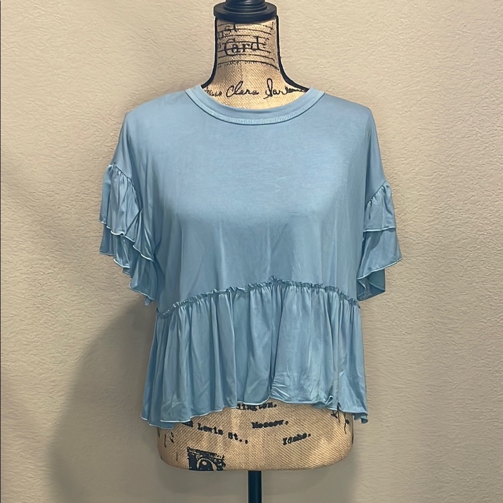 Light Blue Ruffle Sleeve Women's Top